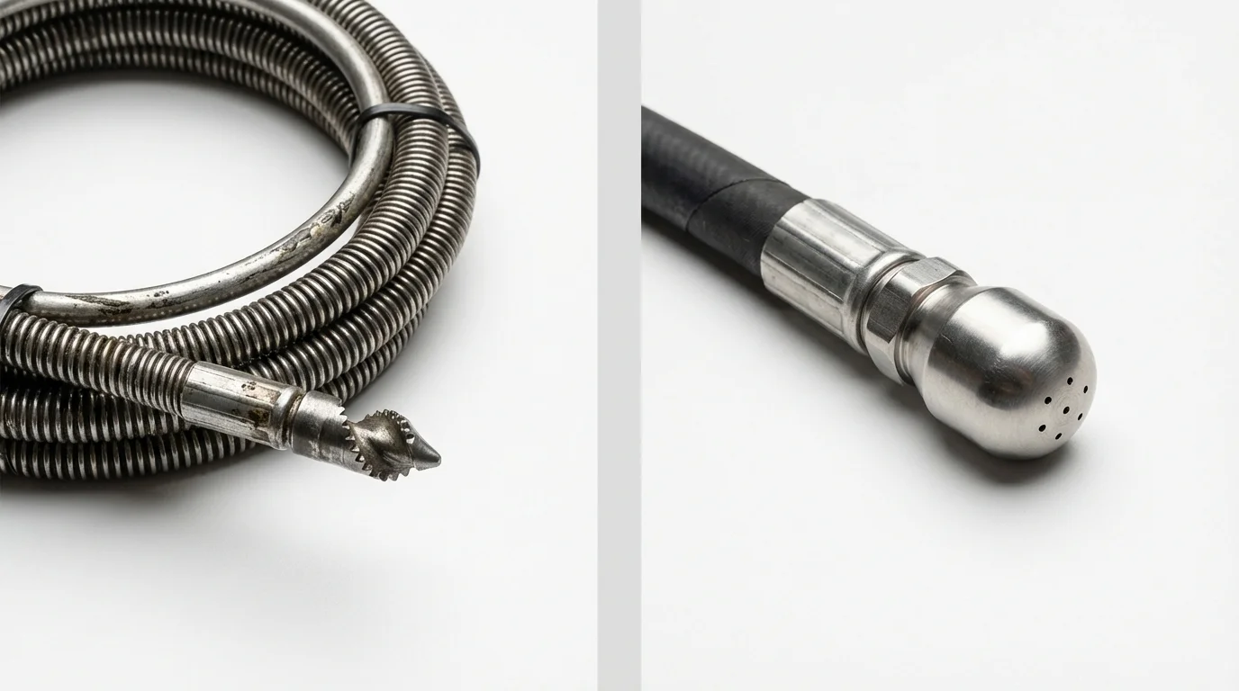 Drain snake cable and hydro jetting nozzle used for drain cleaning in Hancock, ME