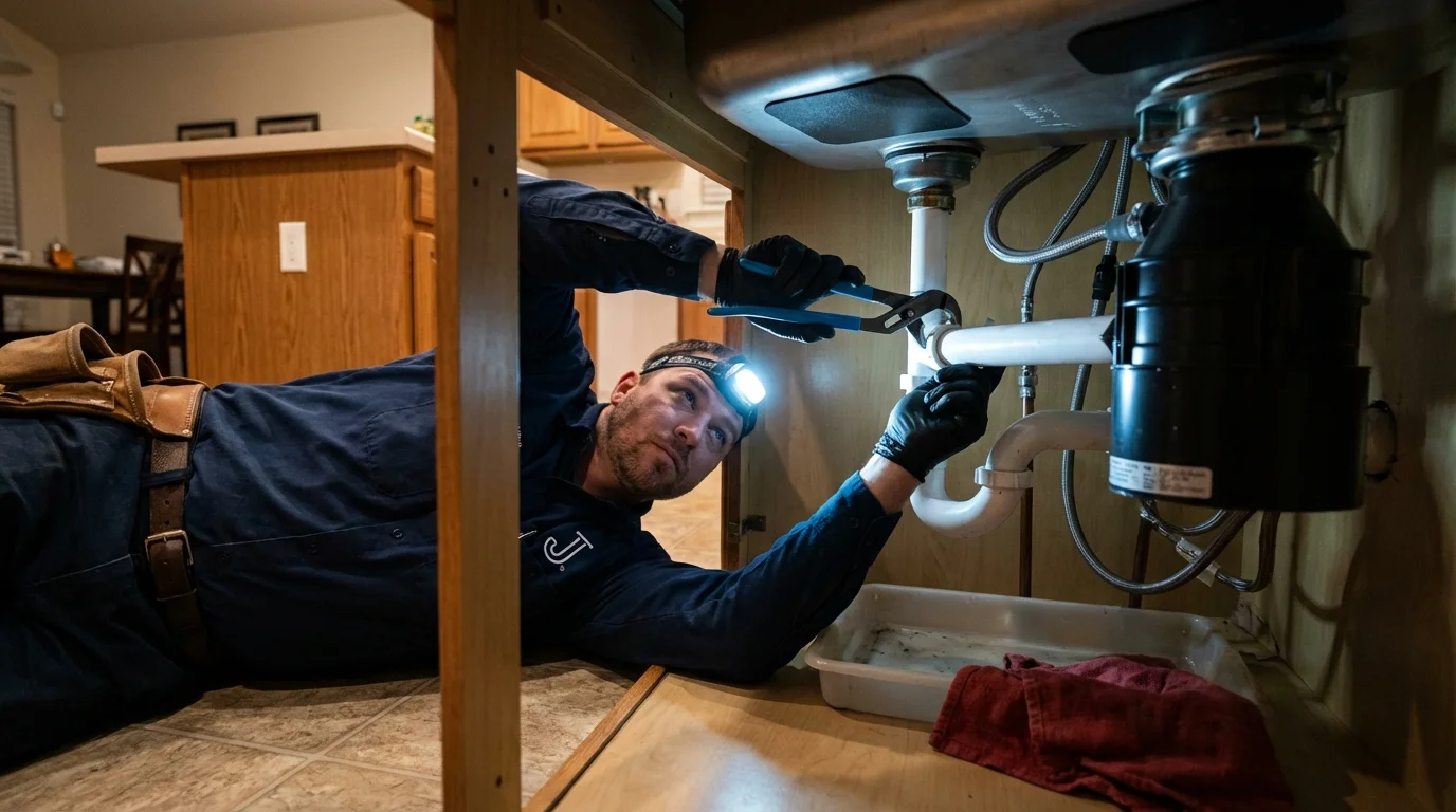 P-trap and supply line connections under a kitchen sink showing a common leak point in Hancock, ME